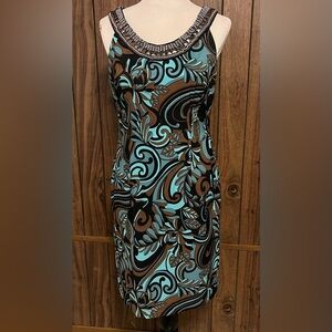 Connected Apparel Blue Multicolor Embellished Scoop Neck Sleeveless Dress Sz 10